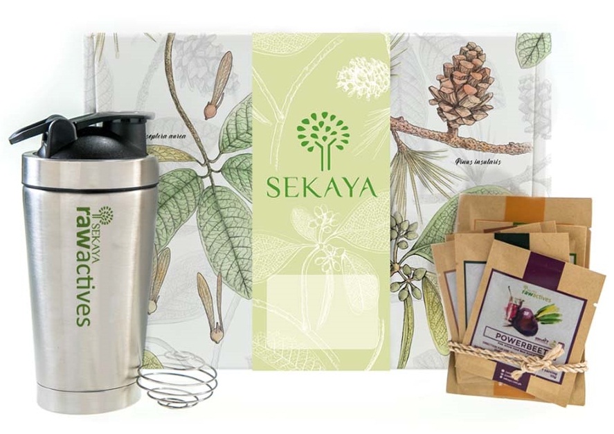 The Raw Actives Starter Pack includes 2 single-serve sachets each of Sekaya Raw Actives Vegan Protein, Maca Factor, and Barley Green and 1 single-serve sachet each of Daily Greens and Powerbeet. It also has a 500ml stainless steel shaker bottle with a metal ball.