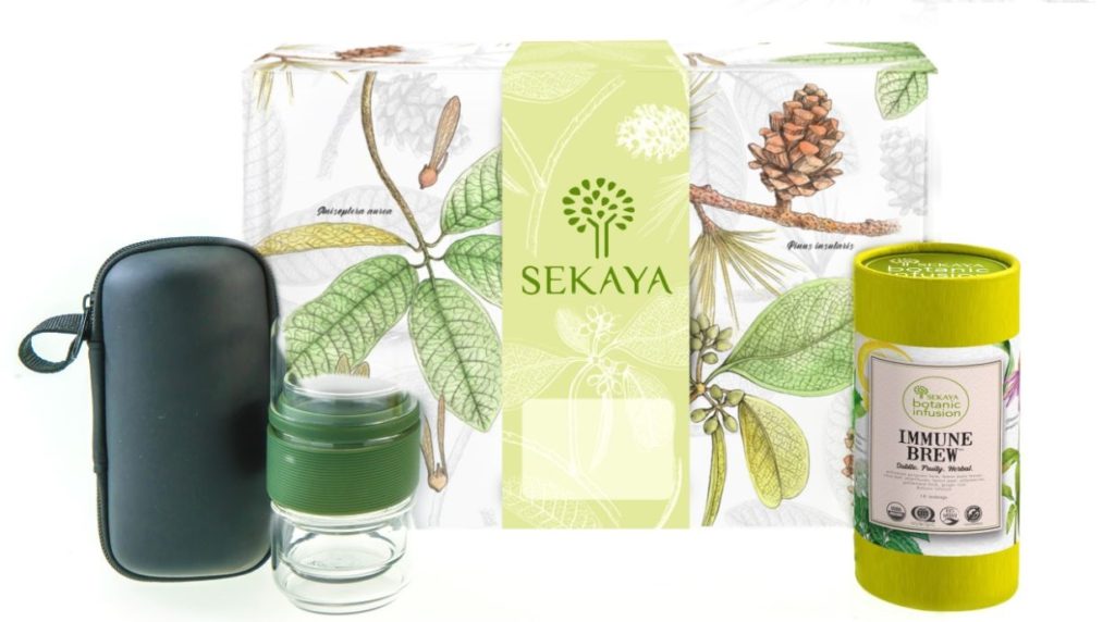 Immune Travel Pack lets you enjoy the Sekaya Botanic Infusion Immune Brew with a 4-piece borosilicate glass travel tea infuser for 2 with a case 