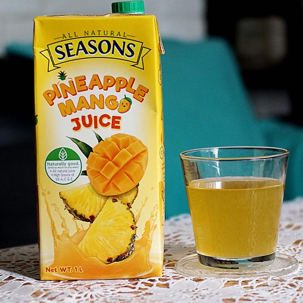 By looking at the back of the carton of All Natural Seasons - Pineapple Mango Juice, it's very clear that there are only 5 ingredients: 100% Pineapple Juice + fruit puree, ascorbic acid, Vitamins A and E and Stevia as the natural sweetener.