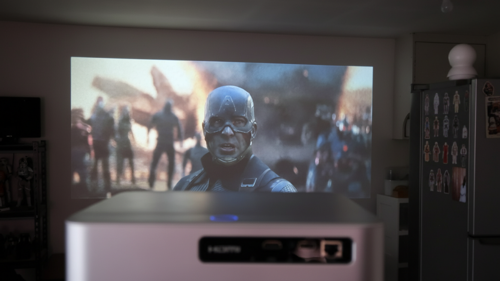 LUMOS Daystar projector showing clear contrast during a movie scene