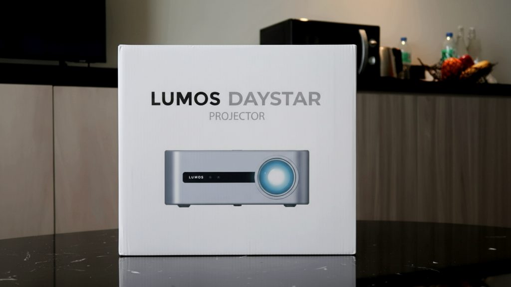 LUMOS Daystar projector product shot highlighting branding and front design