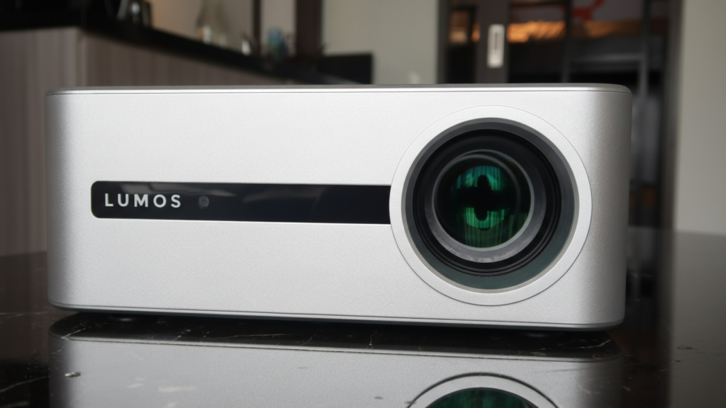 LUMOS Daystar projector close-up showing lens and bright home cinema design